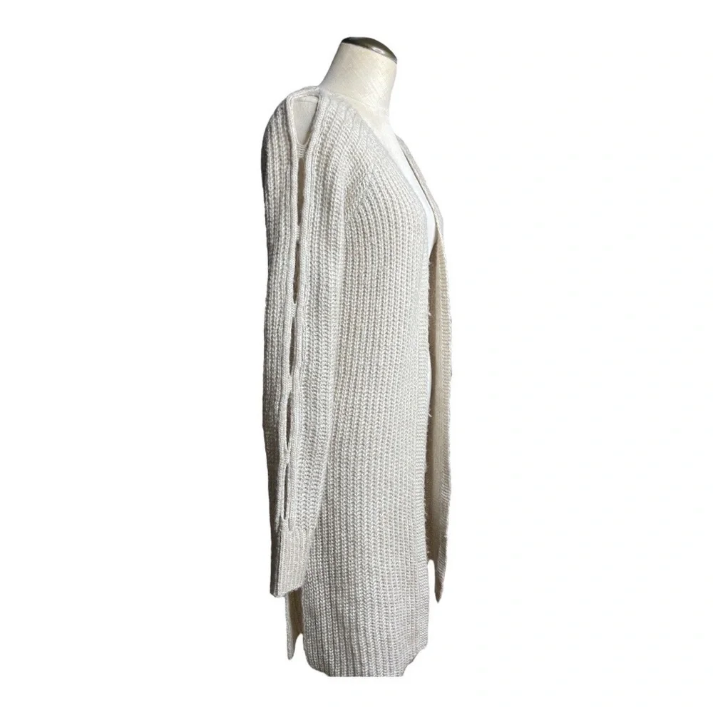 OHMG Knit Split Cold Shoulder Long Sleeve Beige Cardigan Size M - Picture 4 of 6